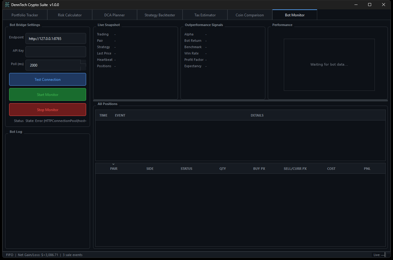 DennTech Crypto Suite optional local Bot Monitor pane