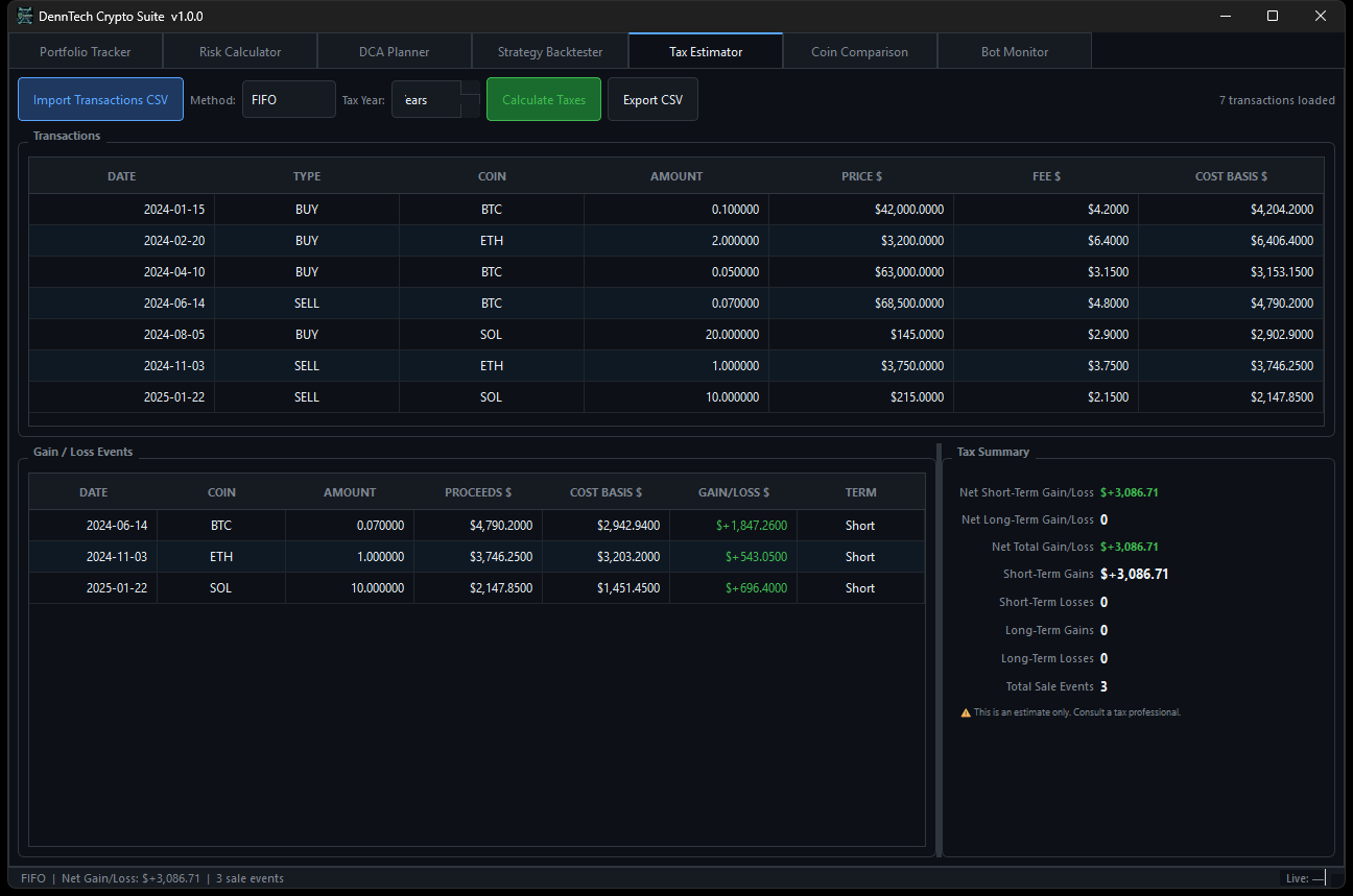 DennTech Crypto Suite Tax Estimator