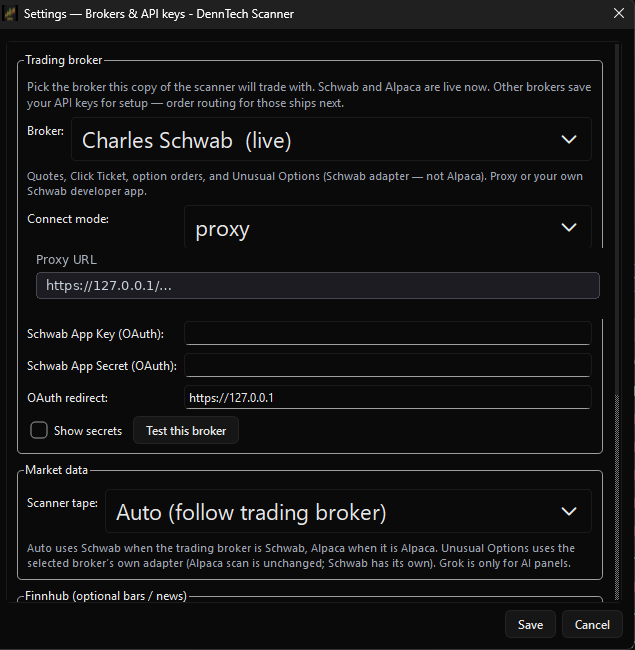 DennTech Scanner Settings — bring your own broker and data keys